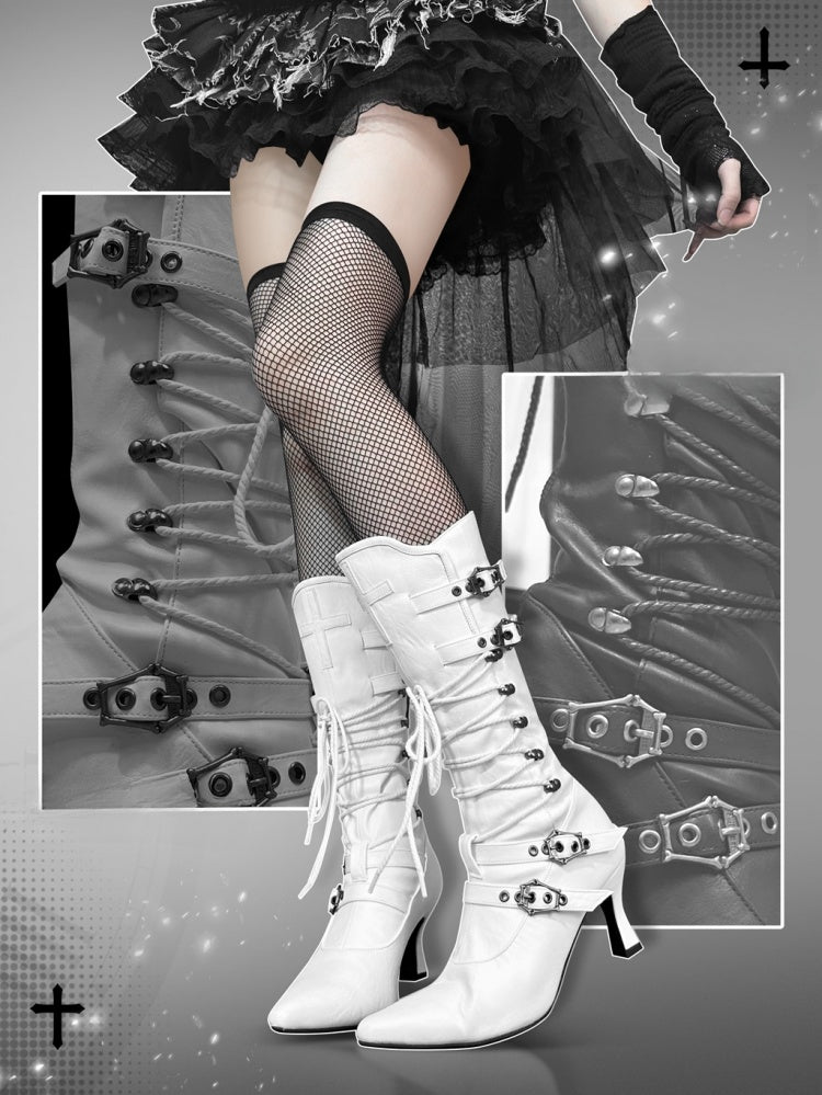 Gothic-Punk-Stiefel in Weiß mit Schnürung und spitzer Zehenpartie