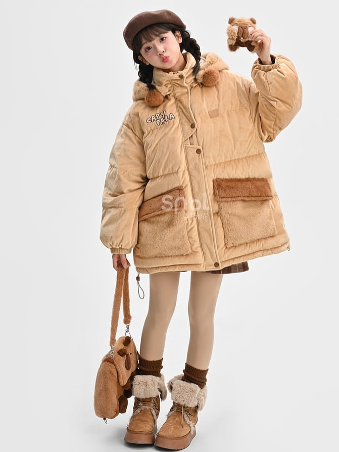 Khaki Cute Capybara Adorned Hooded Down Jacket Detachable Hood