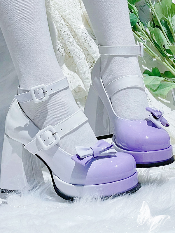 Gradient Purple Detachable Bow Platform High Block Heels Lolita Shoes