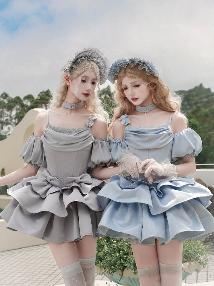 Set mit Stäbchen, JSK-Taille, volle Träger, elegantes blaues Kleid mit Ausschnitt, Wasserfallausschnitt, Spaghetti-Lolita