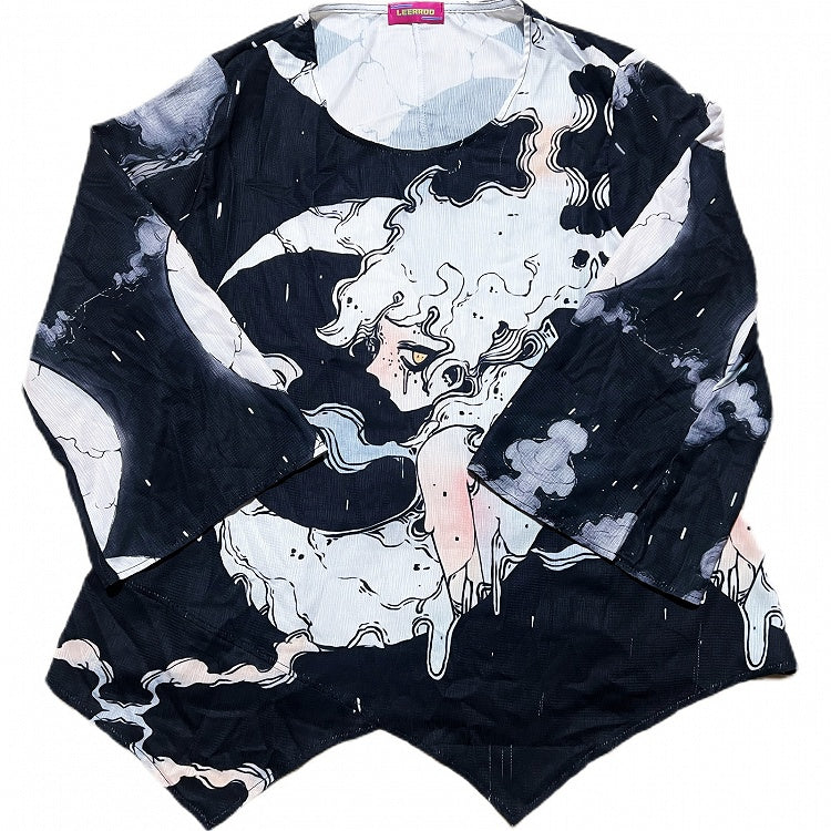 ファッションブラックムーンスリーブプロテクショントップロングとギャル漫画プリントサン