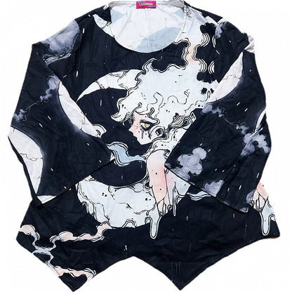 ファッションブラックムーンスリーブプロテクショントップロングとギャル漫画プリントサン