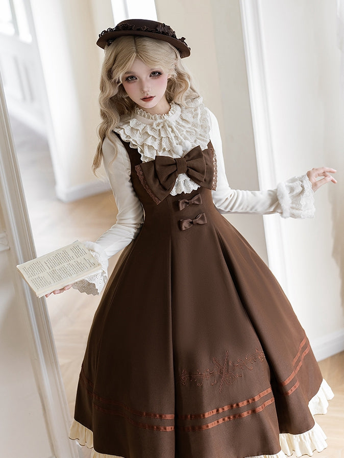 Beige Knit Elegant JSK Embroidery Brown Top Violin Bow + Classic Lolita Hat Detachable