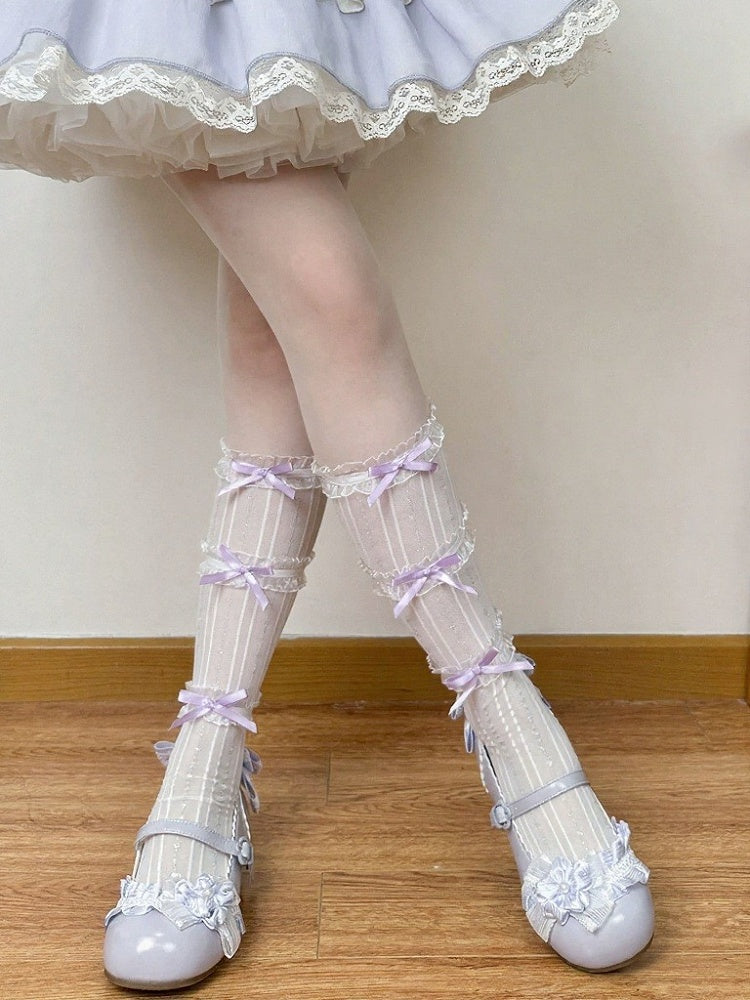 Lolita Calf Socks with Striped Ruffle & Bow Accents, 6-Color Options - Fat Bear Story