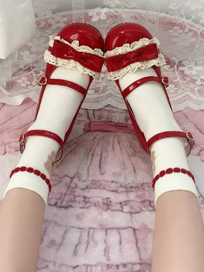 Bow Lolita for with Heels Sweet - Lace Red Low Heart and Trim Buckle Jane Apple Mary Details