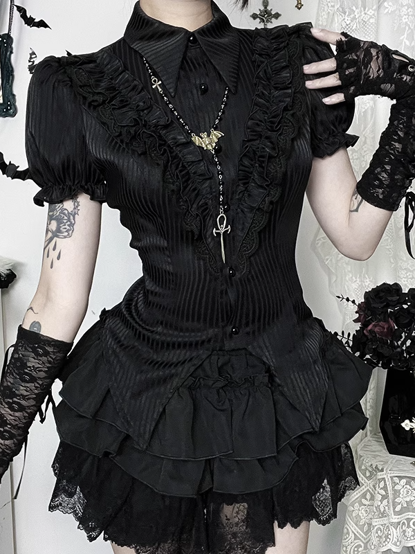 Collar with Detail Sleeve Blouse Back Pointed Gothic Halloween Ruffled Black Tie Flat Puff