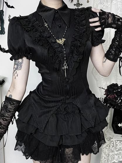 Collar with Detail Sleeve Blouse Back Pointed Gothic Halloween Ruffled Black Tie Flat Puff