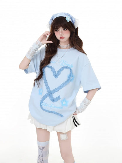 デザインアームウェアフリーハート型レースホワイト/ライトブルーTシャツ