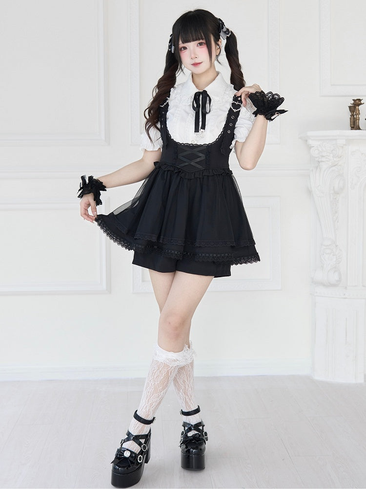 Jirai Kei Black/White Short Sleeves Blouse with Beaded Collar