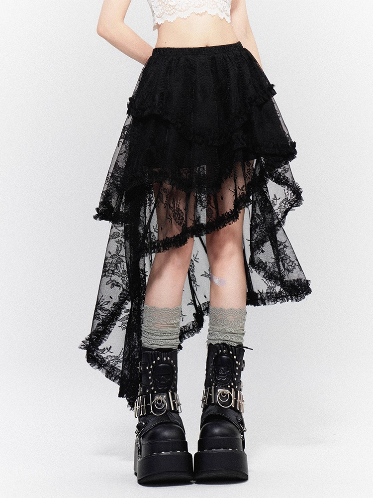 Tiered Lace Asymmetrical Hem Black Skirt with