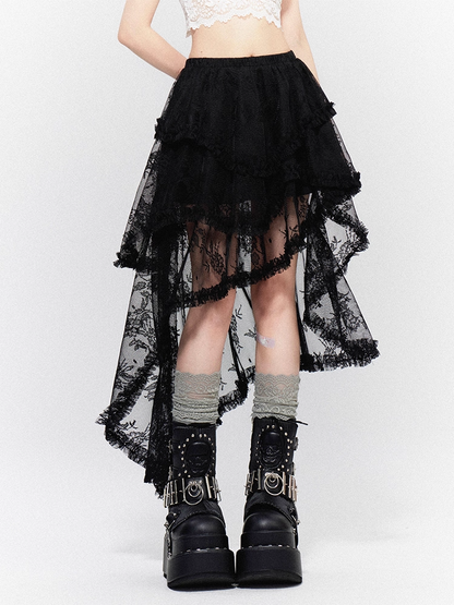 Tiered Lace Asymmetrical Hem Black Skirt with