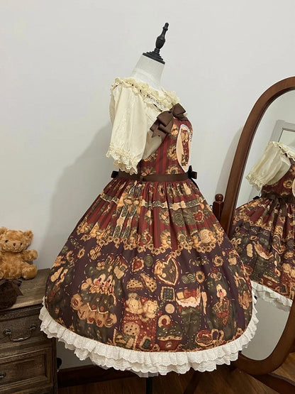 Cookies Print Dress Lolita Puppy Overall Set Reddish Furry Full Brown and Sweet