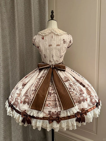 Puff Dress Lolita Print Little Brown Bear with Accents Sleeves Bow Beige Sweet Mini