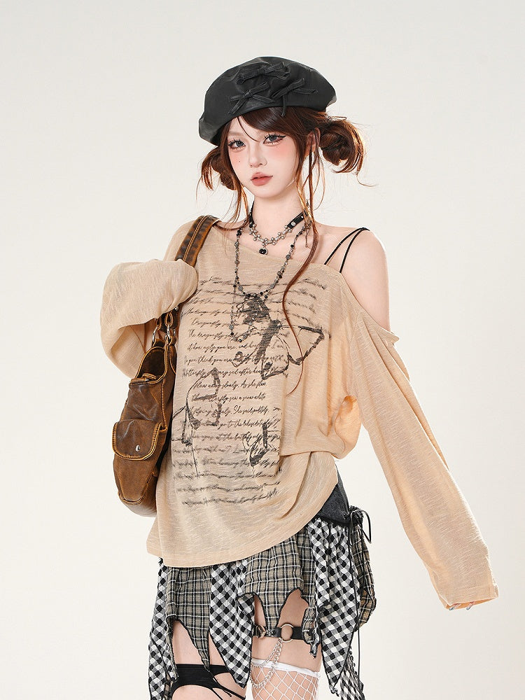 Butterfly Print Asymmetrical Neckline Khaki/White Coverup Semi-sheer