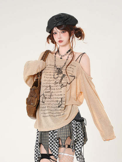 Butterfly Print Asymmetrical Neckline Khaki/White Coverup Semi-sheer