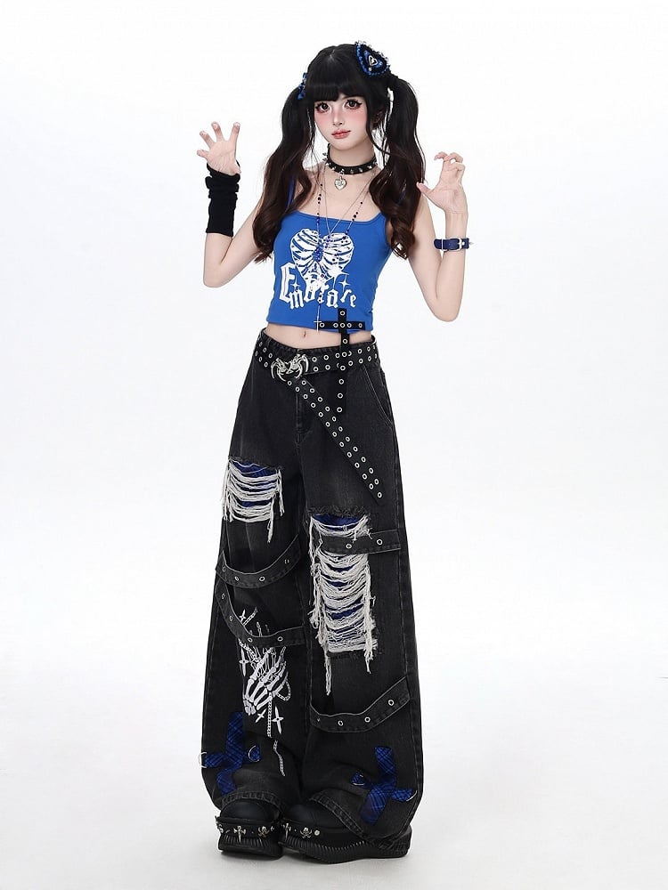 Dark Streetwear Blue and Black Ripped Flared Jeans with Skeleton Motif - CRAZY GIRL