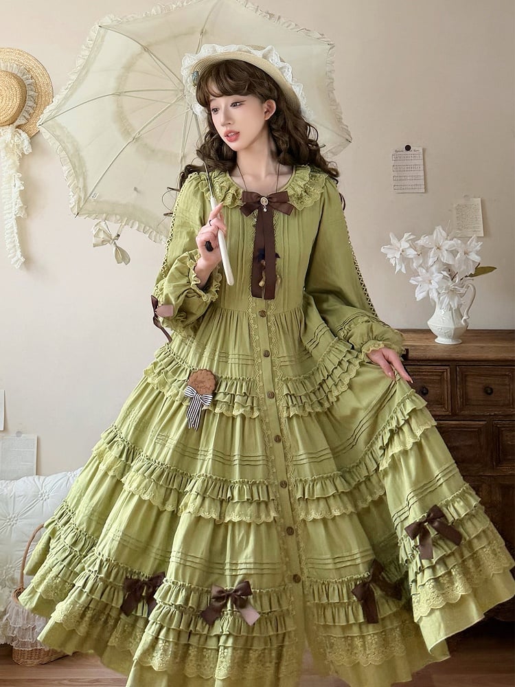Sleeves Green Olive Design Long One Piece Ruffle Elegant