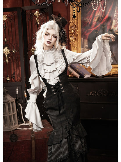 Gothic Lolita 4-Piece Set: Jabot Collar Poet Sleeve Shirt & Fish Tail Skirt - With PUJI