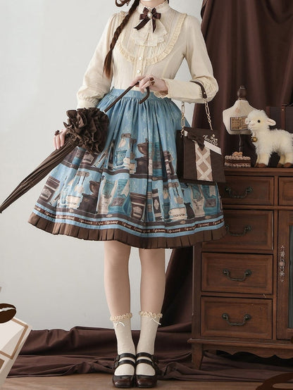 Blue Brown Coffee Cup Bookshelf Print Elegant Skirt Ruffled Hem - Dream Whale