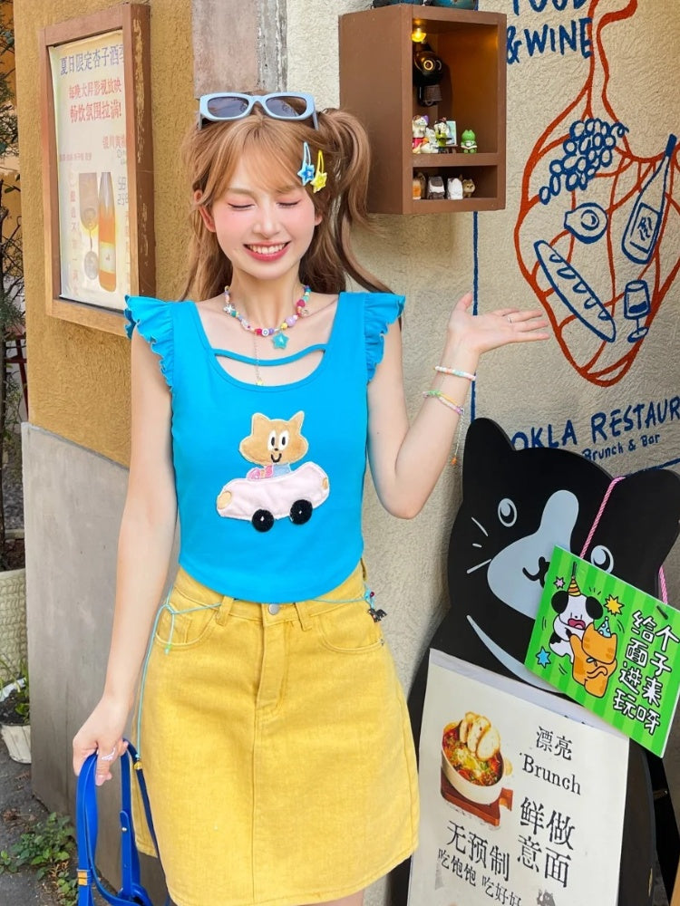 Free Kitty Applique Flatterärmel Top Blau Süße Halskette mit