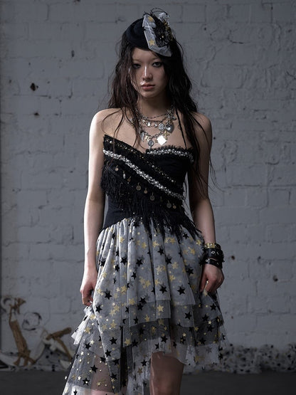 Black/White Crossover Design Bead Hem Details Fringe Baroque