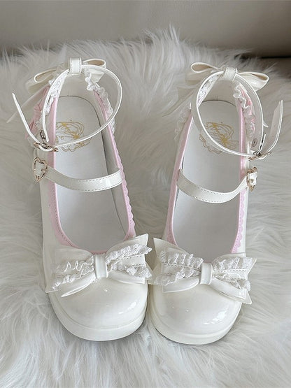 Elegant in - Shoes Decor Lolita Bow High Block Snap Platform Round-Toe Heel Heart-Shaped White
