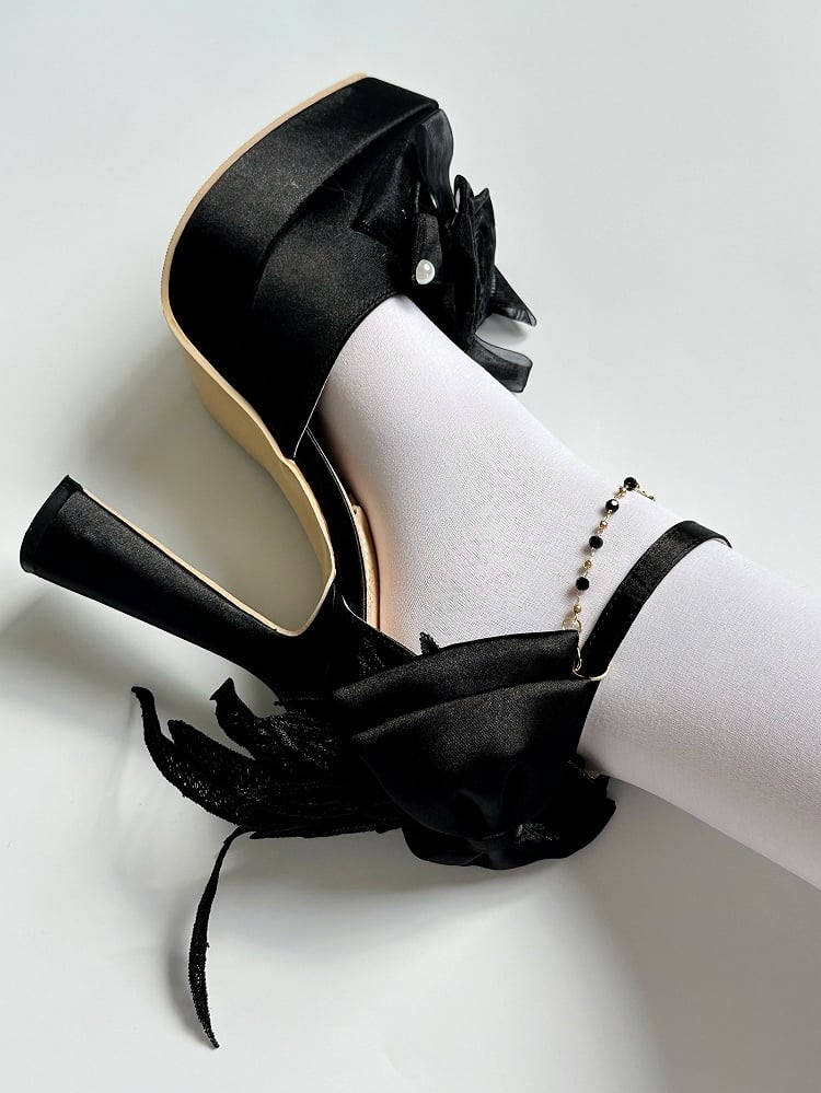 - Heels Chains Bow High Detachable Regular Gothic Platform Floral Beaded Version Design with Black Accents