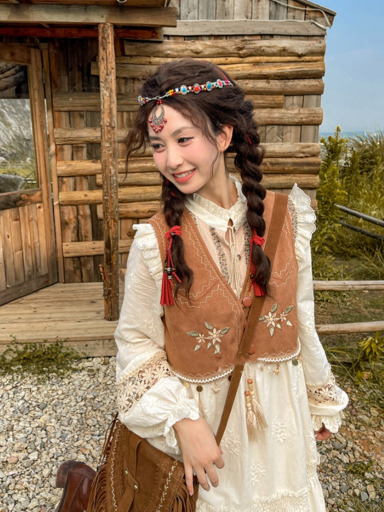 Brown Floral Embroidery Star Charm Hem Vest