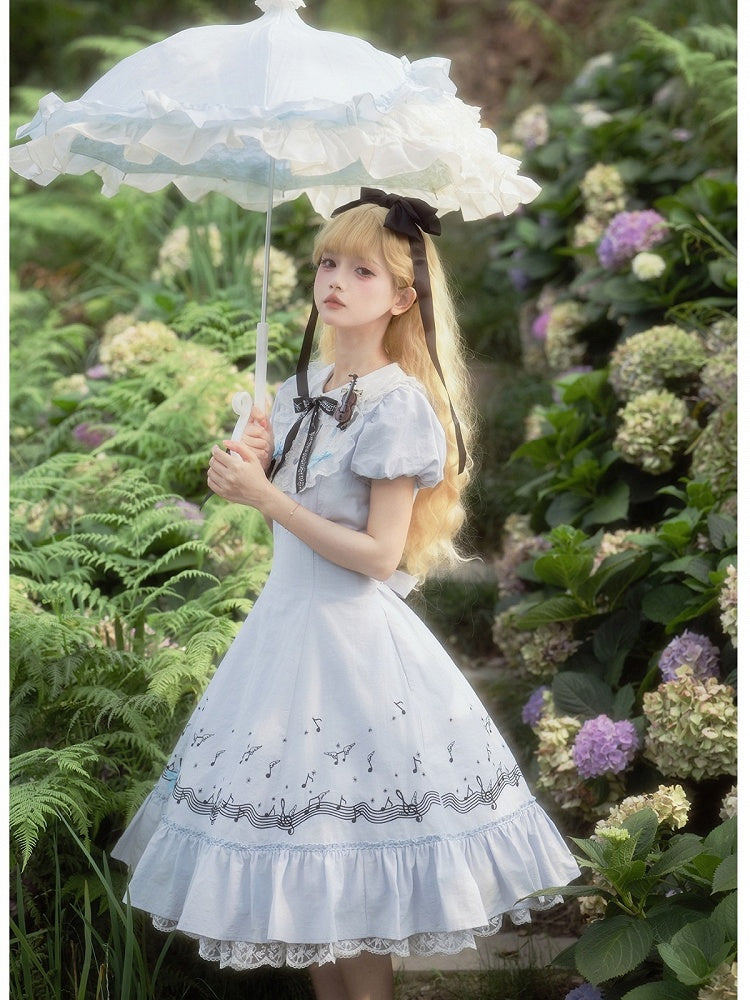 Light Blue Embroidered Music Note Lolita Gown with Panel Skirt and Puff Sleeves - Surface Spell