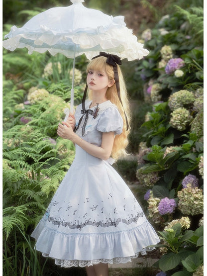 Light Blue Embroidered Music Note Lolita Gown with Panel Skirt and Puff Sleeves - Surface Spell
