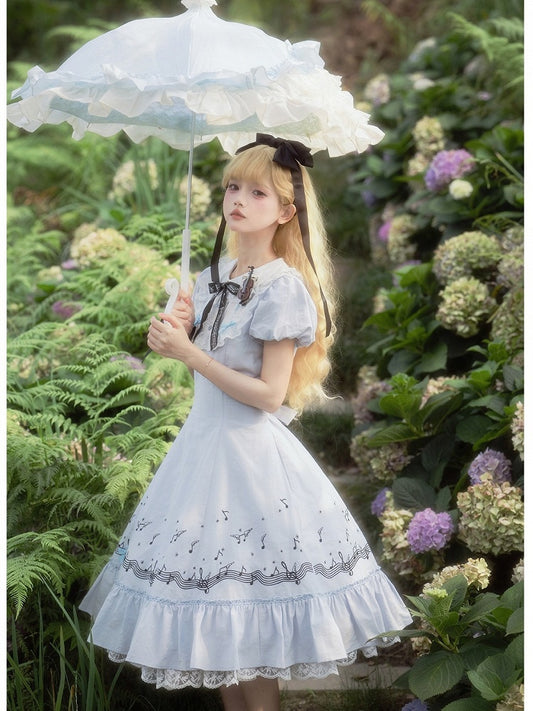 Light Blue Embroidered Music Note Lolita Gown with Panel Skirt and Puff Sleeves - Surface Spell
