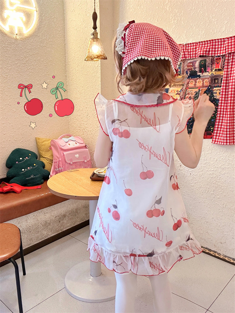 Cherry Print Organza Red Belt Bow Overdress+White Set Dress+Red Pan Slip Peter Collar