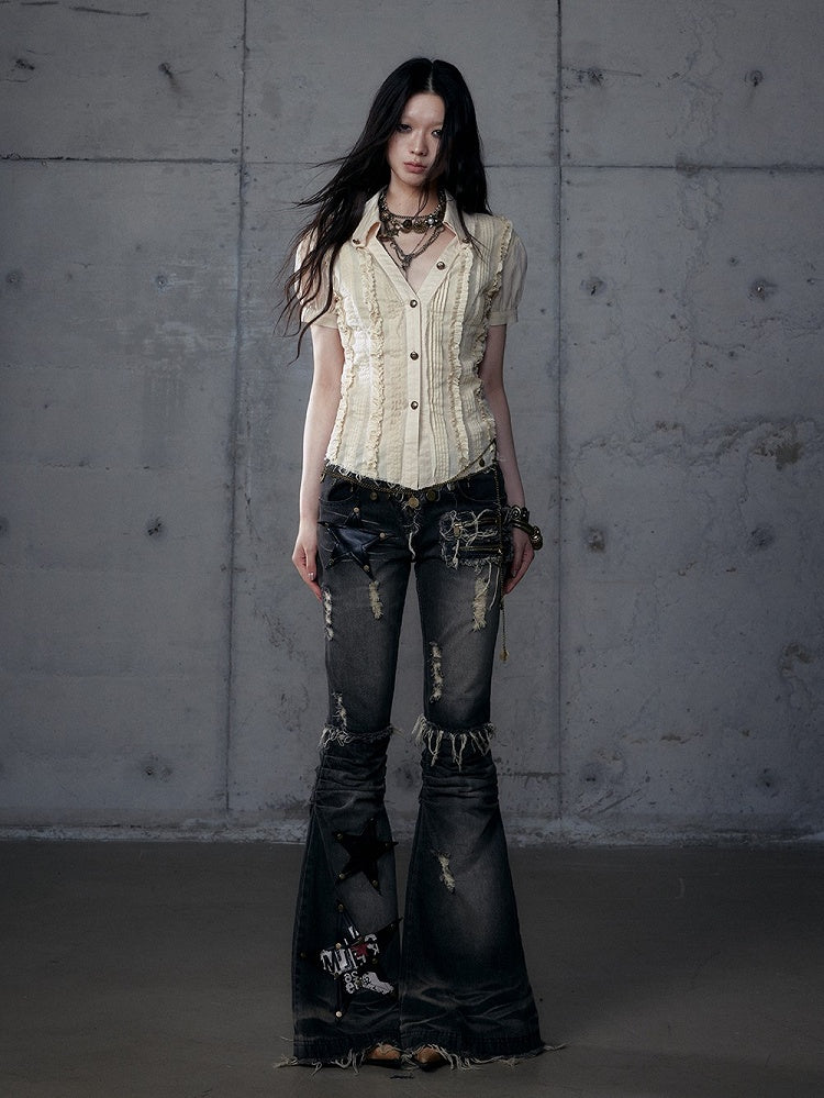 Punk Sleeve Short Pintuck Distressed Wasteland Blouse Pleats with Light Khaki V-Neck Hem