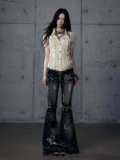Punk Sleeve Short Pintuck Distressed Wasteland Blouse Pleats with Light Khaki V-Neck Hem