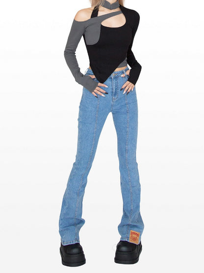 Cyberpunk Schwarz &amp; Grau Stehkragen Cutout Detail Asymmetrischer Saum Glamouröses Top