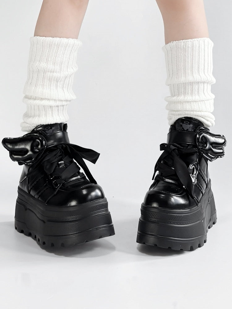 And Lace-up Black Strap Closures Velcro Wings Decor Gothic Detachable - Platforms