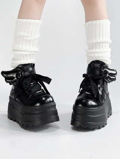 And Lace-up Black Strap Closures Velcro Wings Decor Gothic Detachable - Platforms