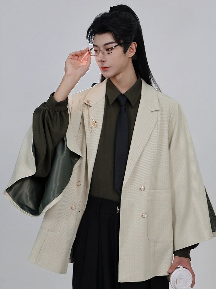 Unisex Gothic Front Cheongsam Notched Blazer Button Placket Beige Design with Collar
