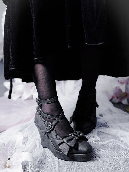 Matte Black Gothic Lolita 10cm Slope Heel Shoes with Butterfly Bow Accent - sphenoid