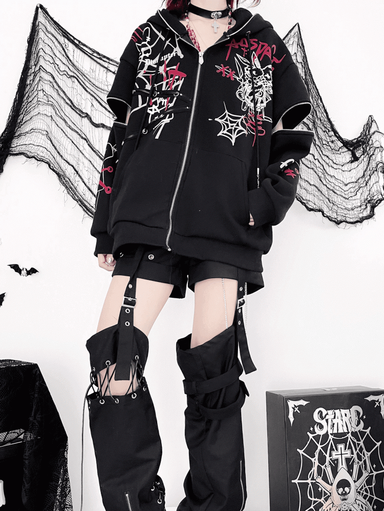 Zip-Up Sleeves with Y2K Graphic Black Hoodie Bunny Ears Print Zipper