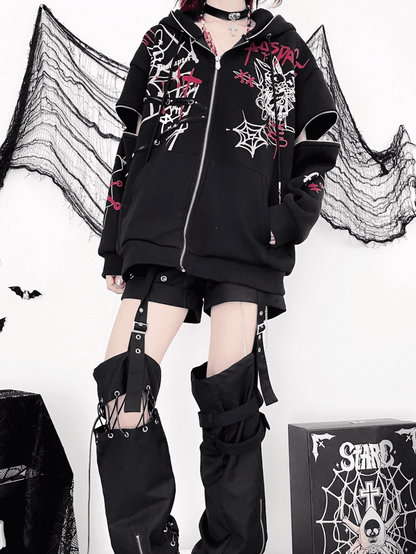 Zip-Up Sleeves with Y2K Graphic Black Hoodie Bunny Ears Print Zipper