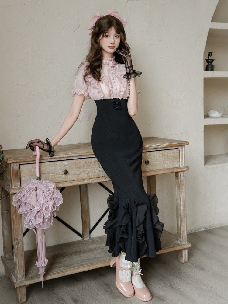 Meerjungfrau-Lolita- und Stäbchen-Design, elegantes Kleid, rosa Taillenbluse, zwei falsche schwarze Röcke