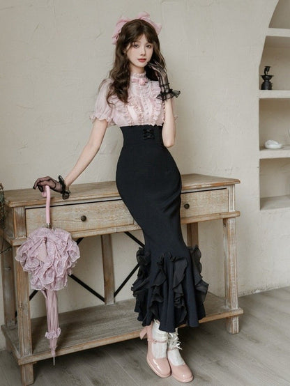 ピースピンクのウエストブラウスエレガントなフェイクツーロリータボーンスカートデザインブラックとドレスマーメイド