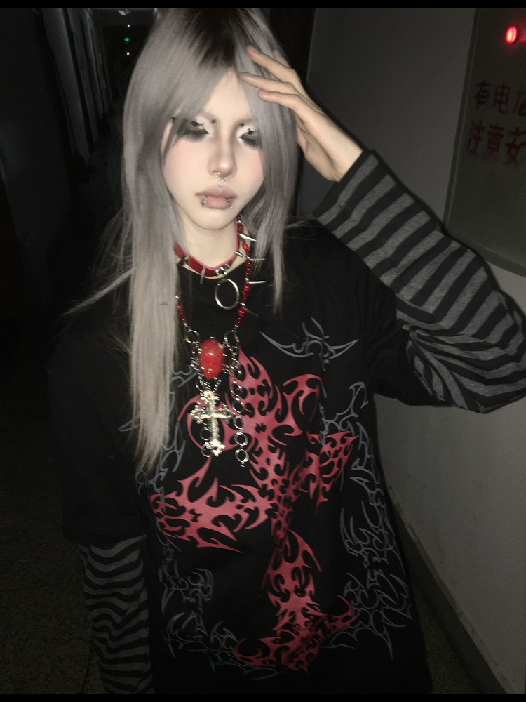 Black Print Top in Faux Two-Piece Cross Blood Striped Design with Sleeves Gothic