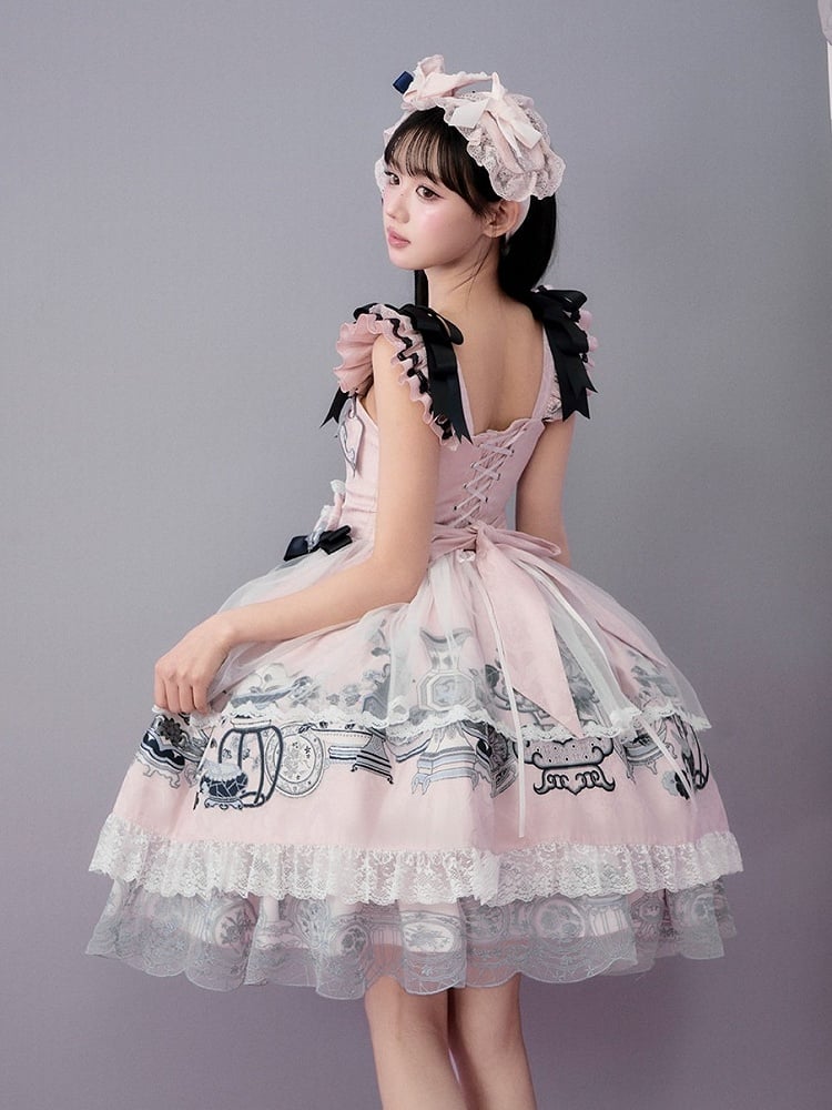 Elegant Pink Porcelain Lolita JSK with Flutter Sleeves & Floral Embroidery - Yimu Walnut