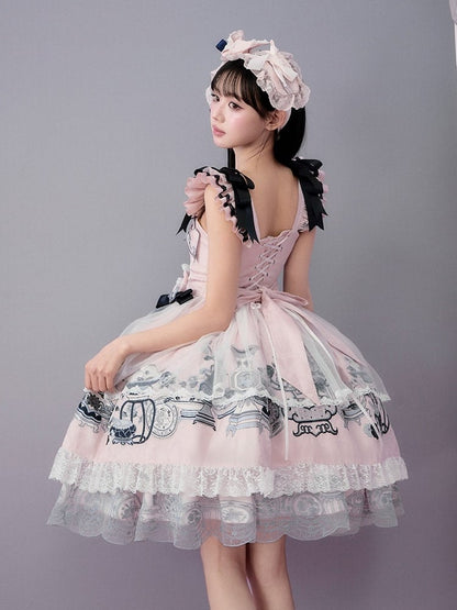Elegant Pink Porcelain Lolita JSK with Flutter Sleeves & Floral Embroidery - Yimu Walnut
