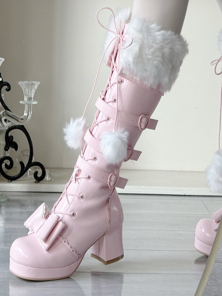 Multi-Closure Boots Pompom PU Plush Laces Sakura - System with Pink Collar Elegant Lolita Knee-High