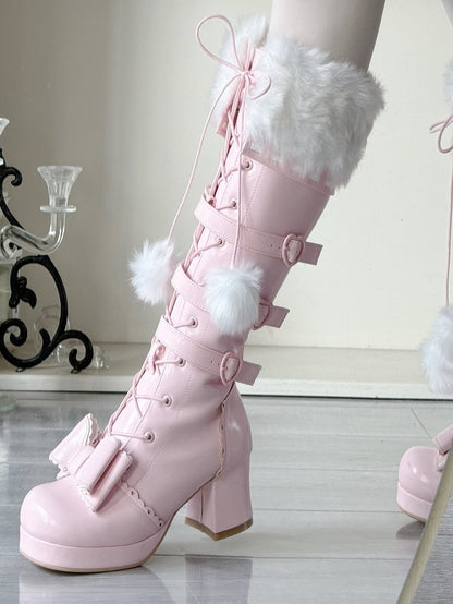 Multi-Closure Boots Pompom PU Plush Laces Sakura - System with Pink Collar Elegant Lolita Knee-High