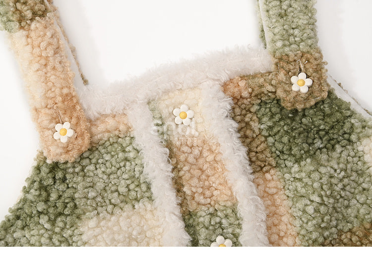 グリーンフローラルボタンディテールチェック柄フリースベスト