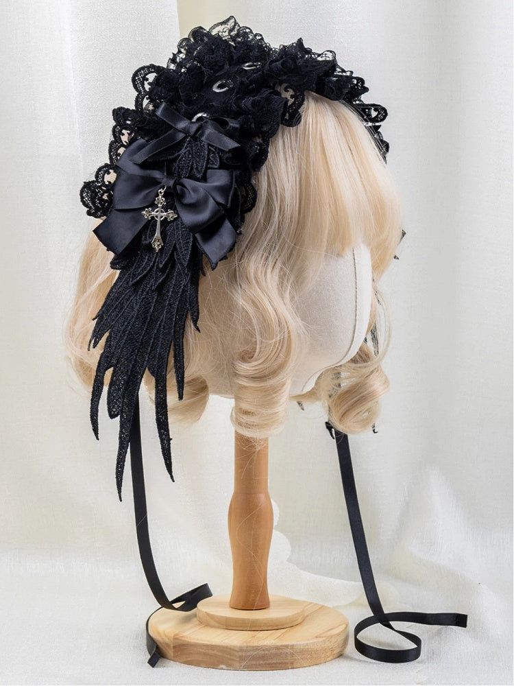 Gothic Black Cross Hairband Bow Wing